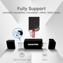 Load image into Gallery viewer, 5-Years Data Recovery GIGASTONE 128GB SD Card with USB Type C Card Reader, 4K Camera Pro, UHS-I A1 V30 U3 SDXC Memory Card, Speed up to 100MB/s, Compatible with Digital Camera, with 1 mini case, GBKCameraProSDCardPackTypeCCardReader_853
