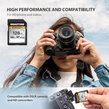 Load image into Gallery viewer, 5-Years Data Recovery GIGASTONE 128GB SD Card with USB Type C Card Reader, 4K Camera Pro, UHS-I A1 V30 U3 SDXC Memory Card, Speed up to 100MB/s, Compatible with Digital Camera, with 1 mini case, GBKCameraProSDCardPackTypeCCardReader_856
