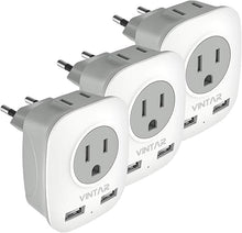 Load image into Gallery viewer, 3 Pack European Travel Plug Adapter, VINTAR International Power Plug Adapter with 2 USB Ports,2 American Outlets 4 in 1 Travel Essentials to France, Germany, Greece, Italy, Israel, Spain (Type C)
