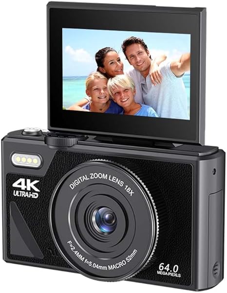 64MP Digital Camera for Photography and Video: 4K Vlogging Camera for YouTube with 3'' Flip Screen and 32GB TF Card, 16X Digital Zoom Digital Camera for Gift (Black)