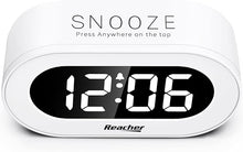 Load image into Gallery viewer, REACHER Small LED Digital Alarm Clock with Snooze, Simple to Operate, Full Range Brightness Dimmer, Adjustable Alarm Volume, Outlet Powered Compact Clock for Bedrooms, Bedside, Desk, Shelf(White)
