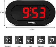 Load image into Gallery viewer, REACHER Small LED Digital Alarm Clock with Simple Operation, Full Range Brightness Dimmer, USB Phone Charger Port, Easy Snooze, Adjustable Alarm Volume, Outlet Powered for Bedrooms Bedside(Black)
