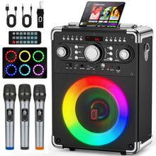Load image into Gallery viewer, Pro Audio Certified Karaoke Machine with 3 Mics, 24H Playtime Portable Bluetooth 5.3 Party Speakerw/DJ Light &amp; Bass Boost, All-in-1 Home Entertainment System for Adults/Kids, Indoor/Outdoor Gathering
