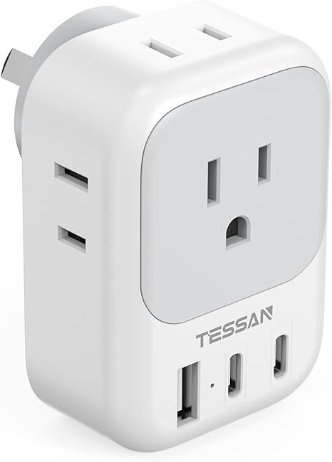 TESSAN Australia New Zealand Power Adapter USB C, Australia Power Plug Adapter with 4 Electrical Outlets 3 USB Ports (2 USB C), Power Adapter for US to Australian Argentina Fiji China Cook Islands