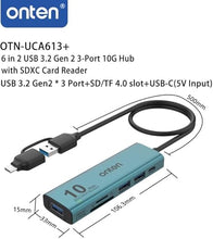 Load image into Gallery viewer, USB C USB A HUB, USB 3.2 GEN 2 10G Speed, USB A/USB C to USB A Adapter.with 3 USB A Ports(10G) and UHS-II SD/TF Ports, USB C UHS-II SD Card Reader Compatible with SD/SDHC/SDXC/Micro SD
