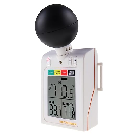 Wearable 2-in-1 WBGT + HI Heat Index Checker Wet Bulb Globe Temperature Heat Stress Meter Air Globe Temperature Humidity Tester with Dangerous Level Indicator Audible Alarm