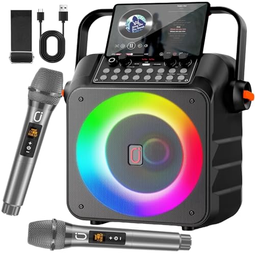 HWWR Karaoke Machine with 2 Wireless Microphones, Portable Karaoke Machine for Adults and Kids, Bluetooth Speaker with Microphone, PA System & LED Lights for Home Singing Outdoor Party, Music Gifts
