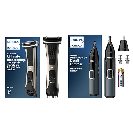 Philips Norelco Exclusive Bodygroom Series 7000 Showerproof Body & Manscaping Trimmer & Shaver, BG7030/49 + Philips Norelco Nose Trimmer 3000, for Nose, Ears, Eyebrows, NT3600/62