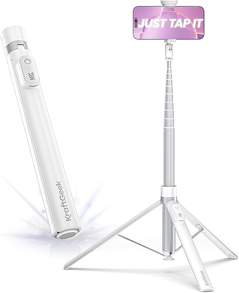 66” Phone Tripod, Auto Open Selfie Stick for iPhone, Portable Travel Cell Phone Tripod Stand for iPhone 16 Pro Max Android, White