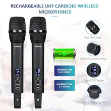 Load image into Gallery viewer, ZERFUN Rechargeable Wireless Microphone System 4 Channel Pro, UHF Handheld Cordless Mics with VOL Echo Treble BASS Control, LCD Display, Frequency Lock, XLR, 1/4, 1/8 Output, D-300, Black

