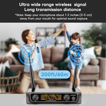 Load image into Gallery viewer, Lococo Wireless Handheld Microphone Karaoke System: Professional UHF Metal Dual Cordless Dynamic Mic Set - Long Transmission Range 200ft with Receiver for Home KTV, DJ Party, Church, Wedding, Meeting
