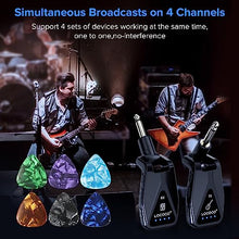 Load image into Gallery viewer, Wireless Guitar System Transmitter Receiver: UHF Cordless 164 Feet Range - 6 Channels USB-C Rechargeable Audio, 220° Rotatable Plug Design for Guitar Bass and Electric Instruments (Black)
