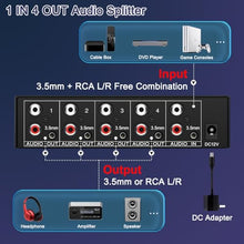 Load image into Gallery viewer, FlyroadUp 3.5mm Aux + RCA L/R Audio Splitter 1 in 4 Out Stereo Analog Audio Distributor Box
