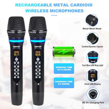 Load image into Gallery viewer, ZERFUN Pro Rechargeable Wireless Microphone System 4 Channel, UHF Metal Handheld Wireless Microphones Cordless Mics with Echo Treble BASS VOL Channel Control for Karaoke Singing Church(GT-200)

