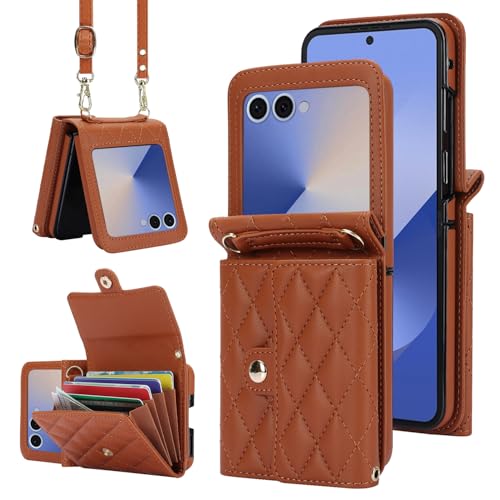 XIMAND for Samsung Galaxy Z Flip 7 Accordion Crossbody Wallet Case, 4 Card Slots, RFID Blocking, and Adjustable Strap - Stylish and Versatile Accessory.(Brown)