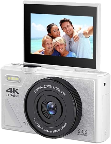 64MP Digital Camera for Photography and Video: 4K Vlogging Camera for YouTube with 3'' Flip Screen and 32GB TF Card, 16X Zoom Digital Camera for Gift (White)