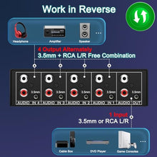Load image into Gallery viewer, FlyroadUp 3.5mm Aux + RCA L/R Bi-Directional Stereo Audio Switch 4 in 1 Out A/B Analog Audio Switcher Selector

