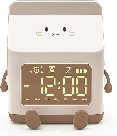 Kids Alarm Clock for Girls, Milk Alarm Clock with Snooze Toddler Sleep Training Clock for School Home Office(Brown)