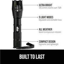 Load image into Gallery viewer, Gorilla Grip Powerful LED 750 FT Water Resistant 5 Adjustable Mode Tactical Flashlight, High Lumens Ultra Bright Zoom Flashlights, Stocking Stuffer Gift, Small Camping Car Mini Flash Light, Black
