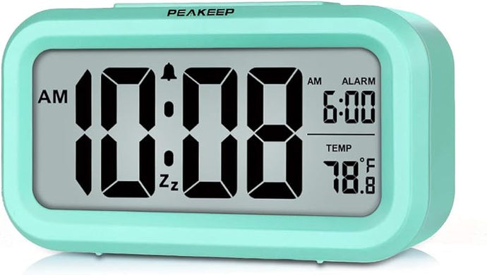 Peakeep Night Light Digital Alarm Clock Battery Operated with Indoor Temperature, Desk Small Clock (Mint)