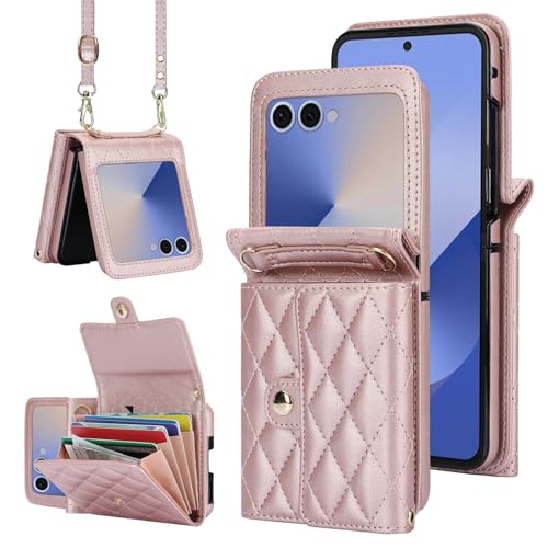 XIMAND for Samsung Galaxy Z Flip 7 Accordion Crossbody Wallet Case, 4 Card Slots, RFID Blocking, and Adjustable Strap - Stylish and Versatile Accessory.(Rose Gold)
