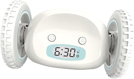 CLOCKY Extra Super Loud Alarm Clock for Heavy Sleepers Adults Kids Teens Bedroom, Move Jump Roll Run Away Easy to Set Smart Digital Alarm Clock on Wheels -Funny Gag Gift (White)