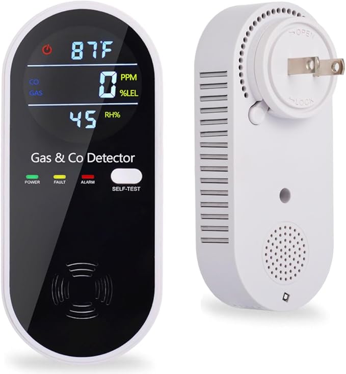 Plug in Carbon Monoxide and Natural Gas Detector, Combination Gas & Carbon Monoxide Detectors for Travel with Temperature Humidity Display, 4 in 1 CO and Gas Detector for Home/Travel(1 Pack)