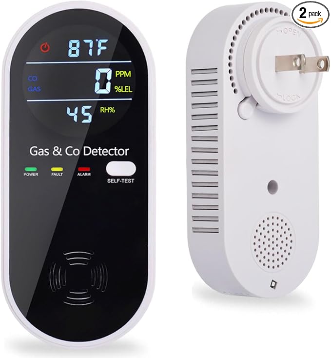 Plug in Combination Gas & Carbon Monoxide Detectors with Temperature and Humidity Display- Natural Gas Detectors & Carbon Monoxide Alarm for Home, Kitchen (2 Packs)