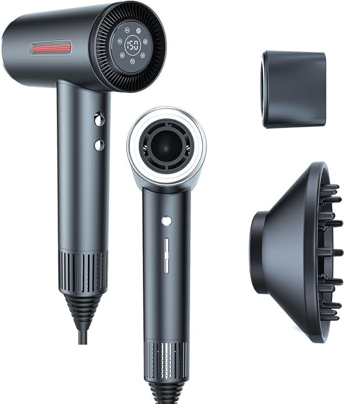 Hair Dryer, Fast Drying Blow Dryer with Magnetic Nozzle,110,000RPM Brushless Motor, High Speed Low Noise, Ionic No Heat Damage, for Travel, Home, Gift (Gray)