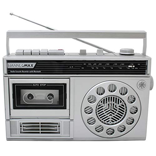 HANNLOMAX HX-601K Portable AM/FM Radio Cassette Recorder with Bluetooth, Records from Built-in Mic or Radio, Headphone Jack, AC/DC Operation. (Silver)