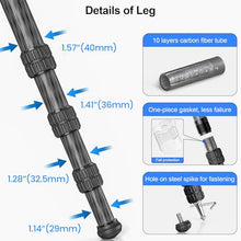 Load image into Gallery viewer, 63&quot; Carbon Fiber Tripod for Camera Heavy Duty Tripod WEYLLAN NX9 40mm Leg 10 layer Carbon Tripod Professional Camera Stand with 75mm Bowl Adapter for Zoom Lens, Bird Photography, DSLR, Load 88lbs/40kg
