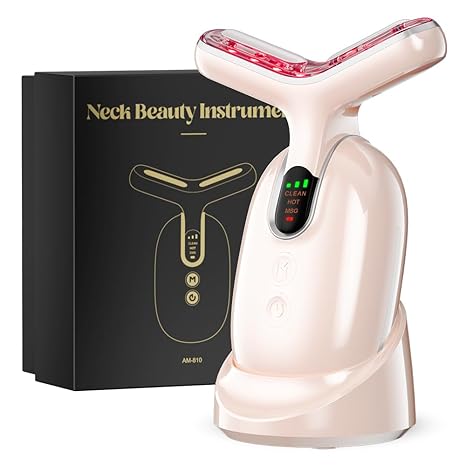 Neck Face Massager Device, Multifunctional Facial Massager for Skin Care and Double Chin with Vibration, Thermal, Electric(Pink silver)