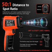 Load image into Gallery viewer, &#39;-58°F to 2732°F Infrared Thermometer Temperature Gun with Thermocouple Probe, 50:1 Laser Temperature Gun for Humidity Measurement, BBQ, AC, High Temp Gun for Engine, Kiln, Forging, Industrial Use
