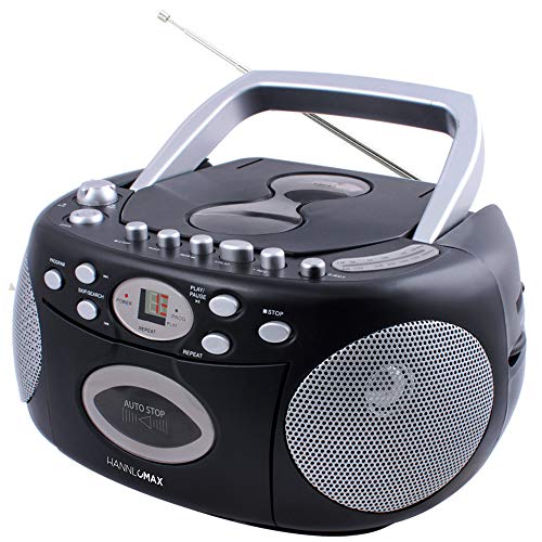 HANNLOMAX HX-323CD Portable CD Player, AM/FM Radio, Cassette Recorder, Records from CD or Radio, Headphone Jack, AC/DC Dual Power Source. (Black)