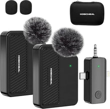 Load image into Gallery viewer, KOSCHEAL 2 Pack Mini Microphone, 3 in 1 Wireless Microphone for iPhone iPad, Camera and Android Devices with Noise Cancellation,Lapel Mic for Video Recording Vlog, YouTube, Interview
