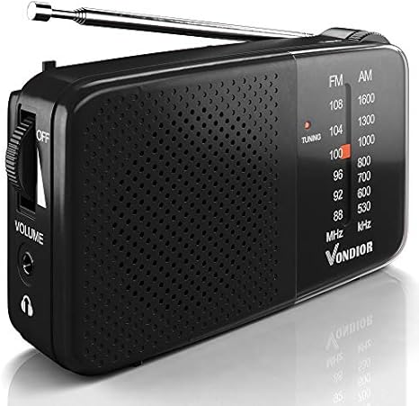 Vondior AM FM Radio - Best Reception and Longest Lasting. AM FM Radio Portable Player Operated by 2 AA Battery, Mono Headphone Socket (Black)