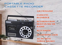 Load image into Gallery viewer, HANNLOMAX HX-601K Portable AM/FM Radio Cassette Recorder with Bluetooth, Records from Built-in Mic or Radio, Headphone Jack, AC/DC Operation. (Black)
