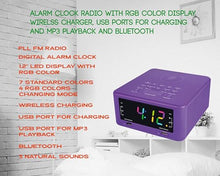 Load image into Gallery viewer, HANNLOMAX HX-206Wi Alarm Clock Radio with Wireless Charger, RGB Color Display, USB Port for Charging and MP3 Playback, Bluetooth, Soothing Sleep Sounds, Aux-in, AC Operation only. (Purple)
