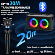 Load image into Gallery viewer, HWWR Karaoke Machine for Adults Kids, Bluetooth Party Karaoke Speaker with 2 Wireless Microphones for Singing, PA System with HiFi Sound/Dual 3&quot; Subwoofers/Echo Adjustment/Disco Lights for Home Party
