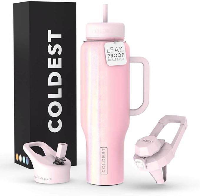 Coldest Tumbler with Handle and Straw Lid | 3 Lids Insulated Reusable Stainless Steel Water Bottle Travel Mug | Gifts for Women Him Her | Limitless Collection (46 oz, Forever Pink Glitter)