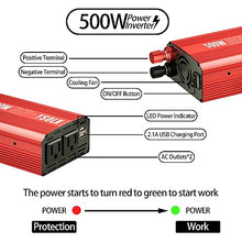 Load image into Gallery viewer, YSOLX 500W Power Inverter DC 12V to 110V AC Converter with 2 USB Ports and 2 AC Outlet, Car Charger Adpater for Road Trip and Camping
