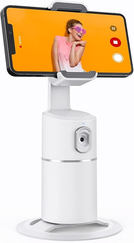 Auto Face Tracking Phone Holder, No App Required, 360° Rotation Face Body Phone Tracking Tripod Smart Shooting Camera Mount for Live Vlog Streaming Video, Rechargeable Battery-White