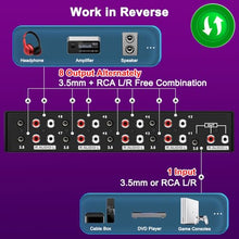 Load image into Gallery viewer, FlyroadUp 3.5mm Aux + RCA L/R Bi-Directional Stereo Audio Switch 8 in 1 Out A/B Analog Audio Switcher Selector
