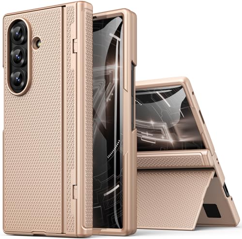 BXYJY for Samsung Galaxy Z Fold 7 Case with Front Glass Screen Protector, Slim Profile with Kickstand, Rugged Hard Full Body Cover, Daily Drop Protective Phone Case for Samsung Z Fold 7 5g 2025, Gold