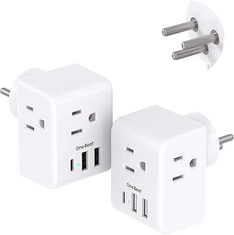 2 Pack Israel Power Adapter, One Beat Israel Travel Plug Adapter with 3 American Outlets 3 USB Ports(1 USB C), 6 in 1 Type H Travel Adapter Plug Converter for US to Israel, Jerusalem, Palestine