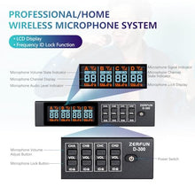 Load image into Gallery viewer, ZERFUN Rechargeable Wireless Microphone System 4 Channel Pro, UHF Handheld Cordless Mics with VOL Echo Treble BASS Control, LCD Display, Frequency Lock, XLR, 1/4, 1/8 Output, D-300, Black
