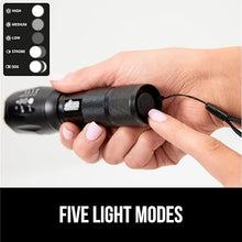 Load image into Gallery viewer, Gorilla Grip Powerful LED 750 FT Water Resistant 5 Adjustable Mode Tactical Flashlight, High Lumens Ultra Bright Zoom Flashlights, Stocking Stuffer Gift, Small Camping Car Mini Flash Light, Black
