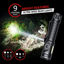 Load image into Gallery viewer, axefury Flashlight, Rechargeable Magnetic LED Flashlight High Powered 1300 Lumens,Tactical LED Light Torch COB Work Light,9 Modes,IP67 Outdoor Gear A7
