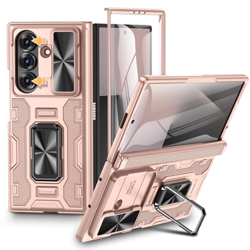 VEGO for Samsung Galaxy Z Fold 7 Case with Stand[Built in Screen Protector & Slide Lens Cover]Hinge Protection Hard Shell Rugged Kickstand Full Body Protective Phone Case for Z Fold 7 2025 - Rose Gold