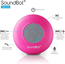 Load image into Gallery viewer, Soundbot SB510 HD Water Resistant Bluetooth Shower Speaker, Handsfree Portable Speakerphone with Built-in Mic, 6hrs of Playtime, Control Buttons and Dedicated Suction Cup for Showers (Pink)
